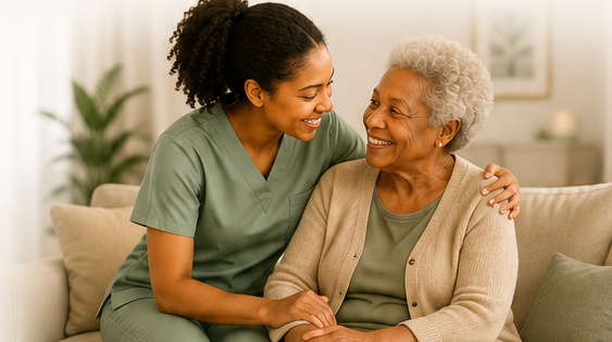 Caregiver and client laughing